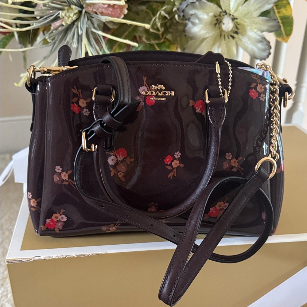 Coach Brown Floral Patent Leather Satchel with Gold Hardware
